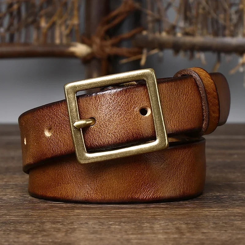 

100% Pure Cowhide 2.8cm Width Retro Women Jeans Belt Genuine Leather Belt Female Vintage Brass Pin Buckle Jeans Waistband Luxury