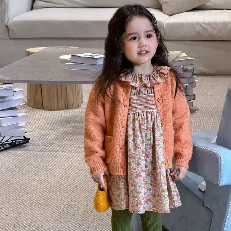 2026 Autumn BP Baby Girls Floral Smocking Dress+Orange Cardigan Set for Birthday Girls Clothing Set