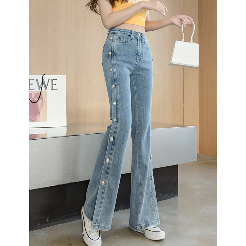 Women Vintage Pocket Long Oversized Denim Pants 2023 Sexy Heavy Industry Wide Leg Summer Thin Side Open Button Jeans Streetwear