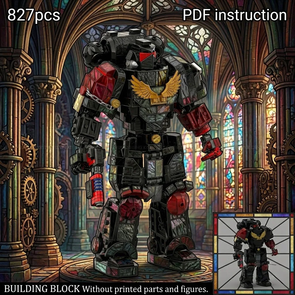 

Heavy Shoulder Pads Black Power Armor Mecha Knight with Gold Wing Emblem MOC Block Model