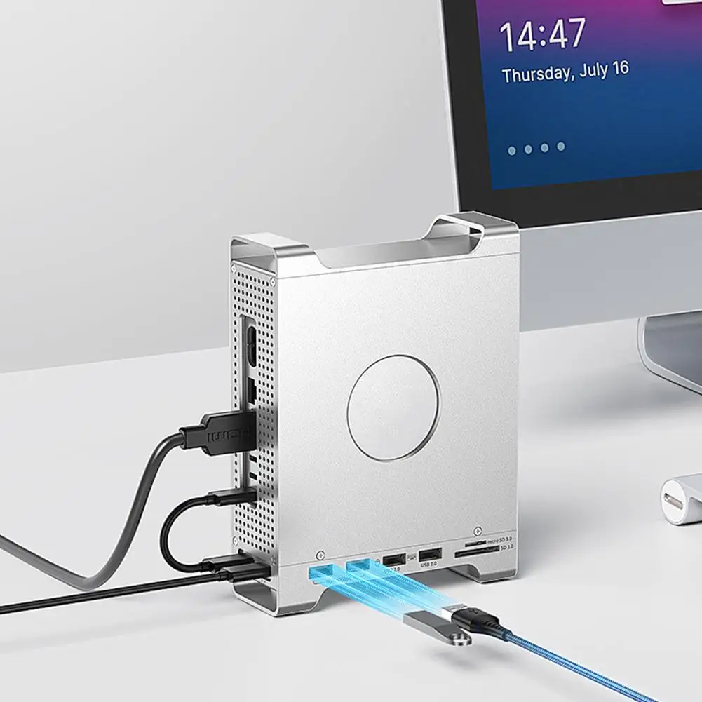 قاعدة توسيع لجهاز Mac Mini M4 حامل هيكل من الألومنيوم وحوض قفص كامل SD3.0/TF3.0 قارئ بطاقات مزدوجة 4 منافذ USB-A بسرعة 10 جيجابت في الثانية