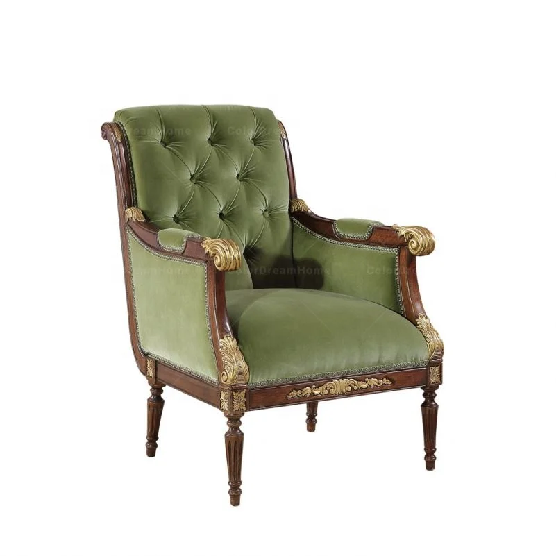 French antique wood carving armchair green velvet chair
