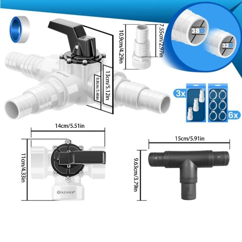 12 Pieces Pool Bypass Valves Set With 3 Way Connection For Sand Filter Systems