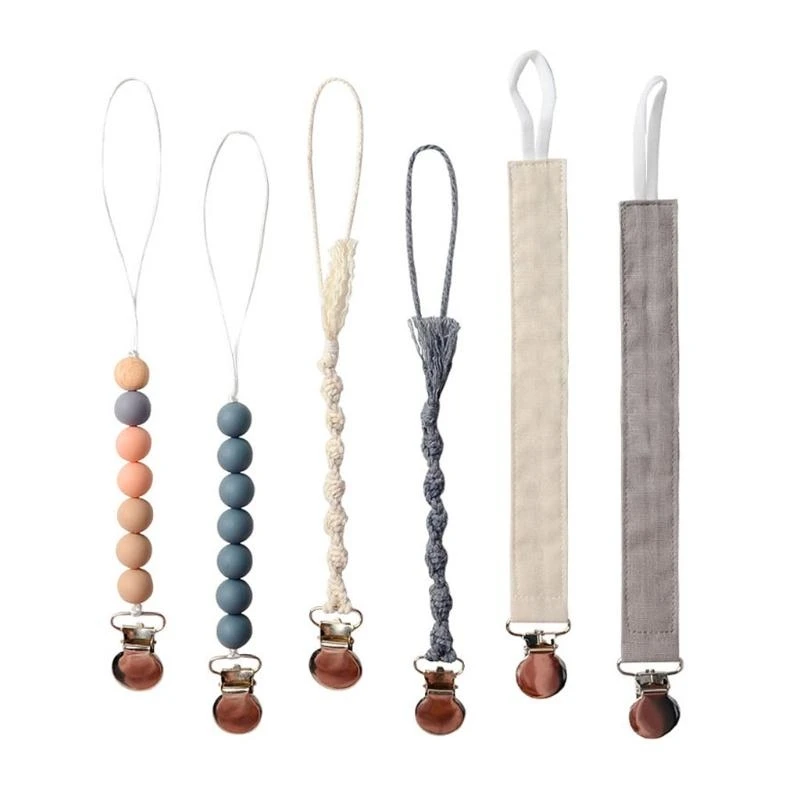 

J15U 6 Pcs Handmade Cotton Woven Pacifier Chain Clip Silicone Beads DIY Pacifier Chain Baby Nursing Dummy Nipple Holder Leash