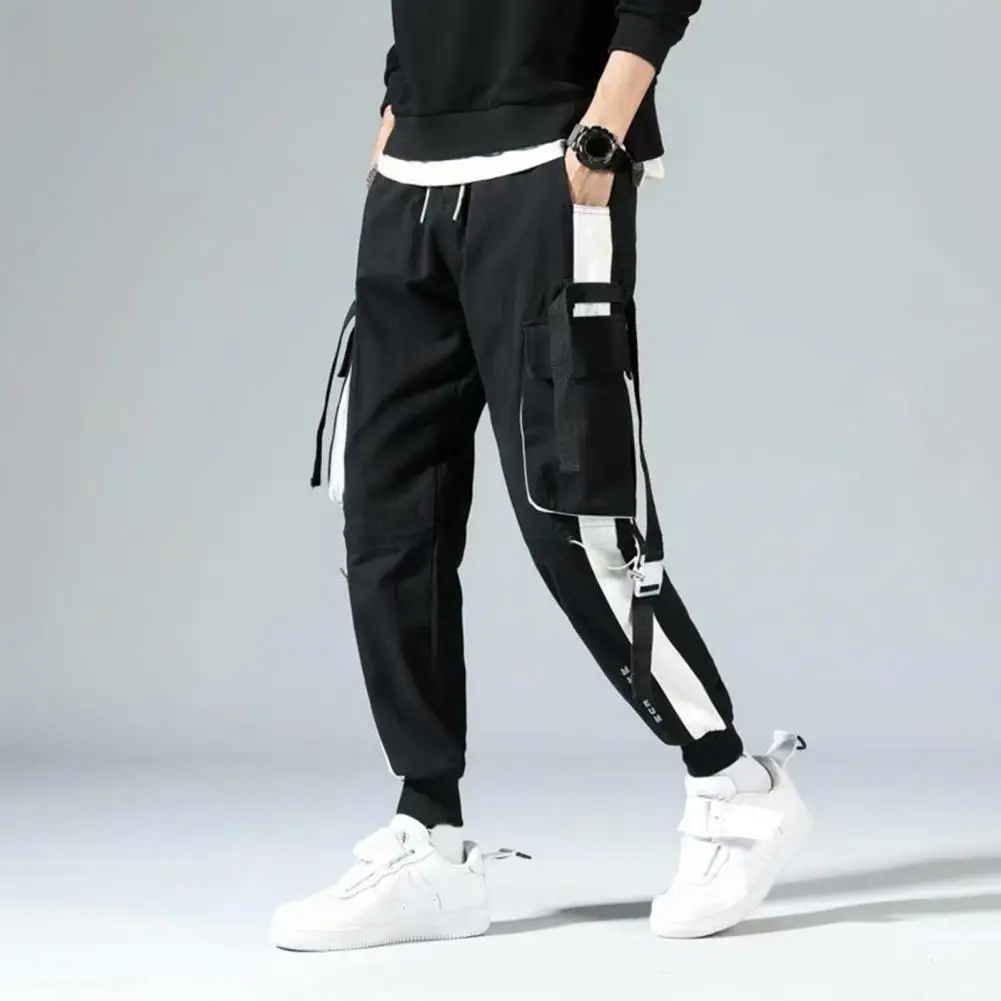 

Streetwear Cuffed Pants Hop Streetwear Cargo Pants with Multi Pockets Strap Decor for Men Loose Fit Elastic Waist for Work