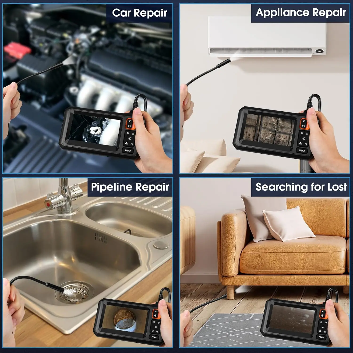 Industrial Endoscope Camera 4.3inch IPS Screen 8mm HD1080P IP67 Waterproof 8 LED Light Inspection Borescope for Pipe Car Repair