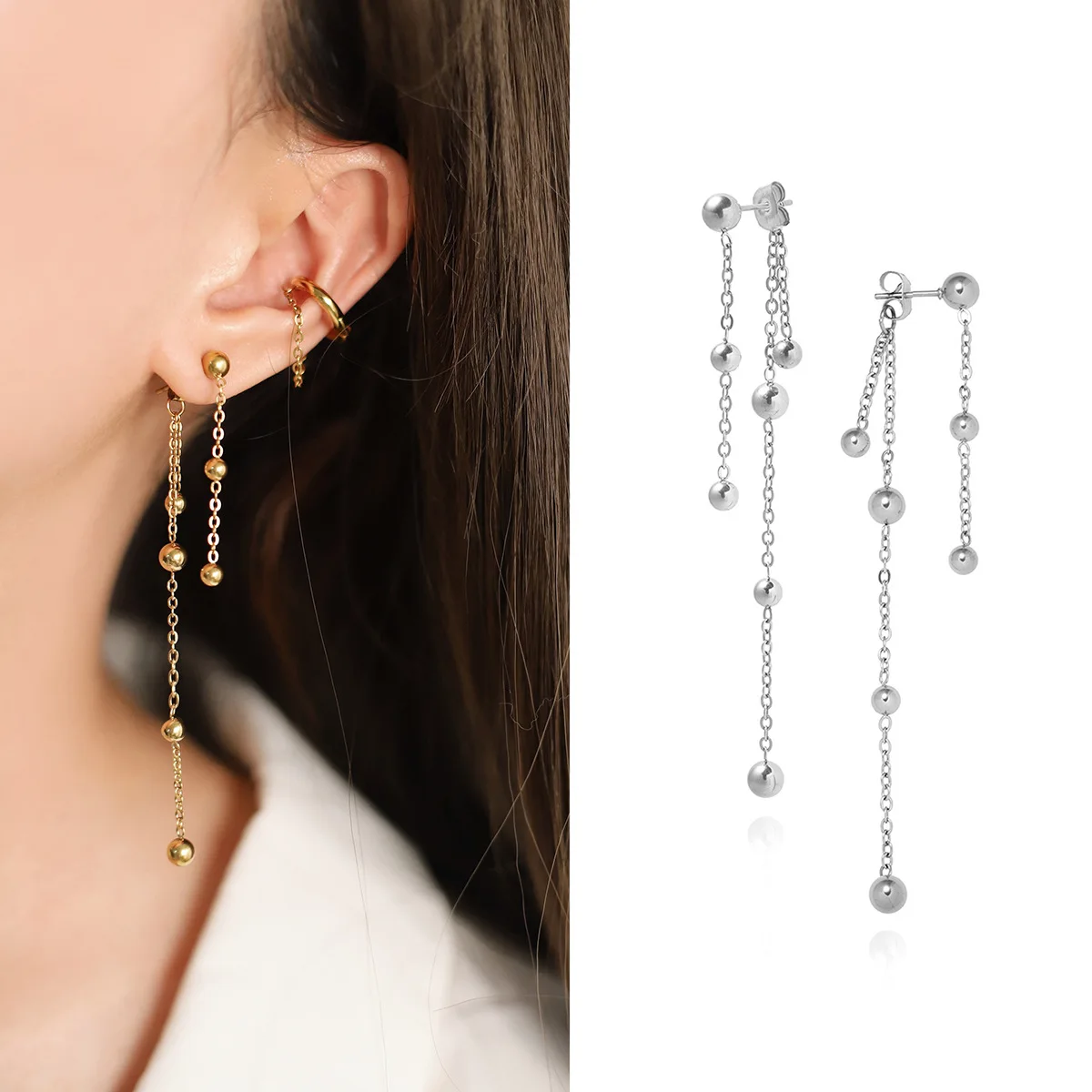 Stainless Steel 18K Gold Plated Multi Strand Ball Chain Drop Earrings, Long Beaded Tassel Threader Earrings Jewelry for Women