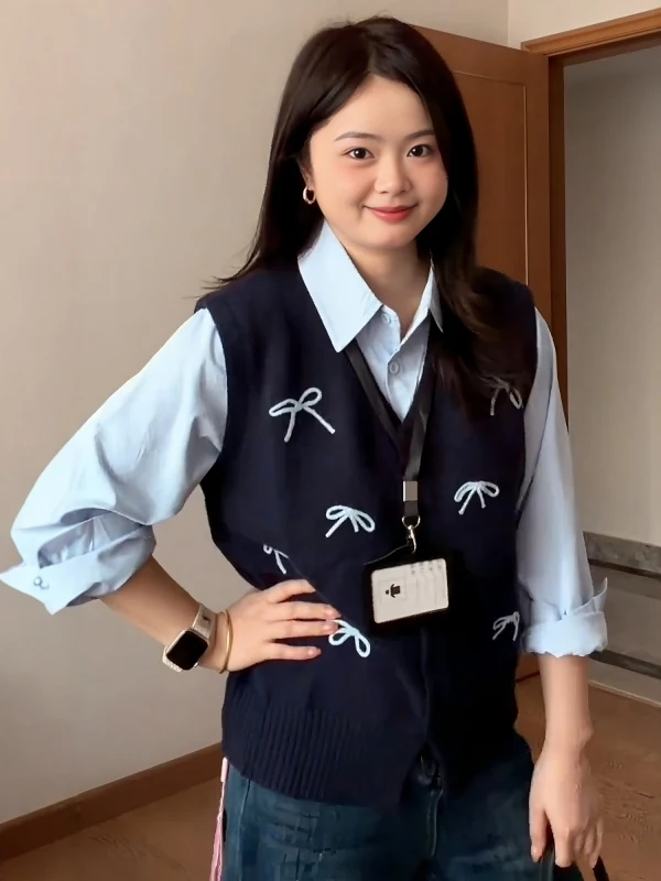 

Korean Style Oversized Embroidered Vest Shirt Spring 2026 Slimming Top Quality Long Sleeve Collar Button down Casual Wear