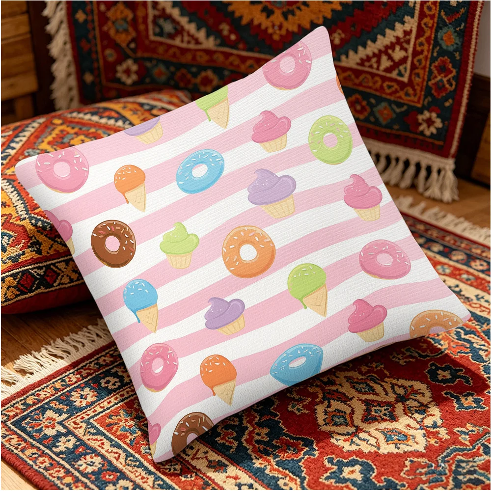 Cute Donut Ice Cream Pillowcase, Pink Stripe Sweet Pattern Cushion Cover, Kawaii Dessert Art, Kids Room Decor, Soft Home Gift