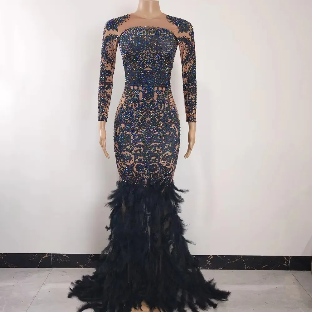 Women's Vintage High Slit Long Dress Sparkly Rhinestones Print Sexy Stage Performance Dance Costume Singer Dancer Bar Nightclub