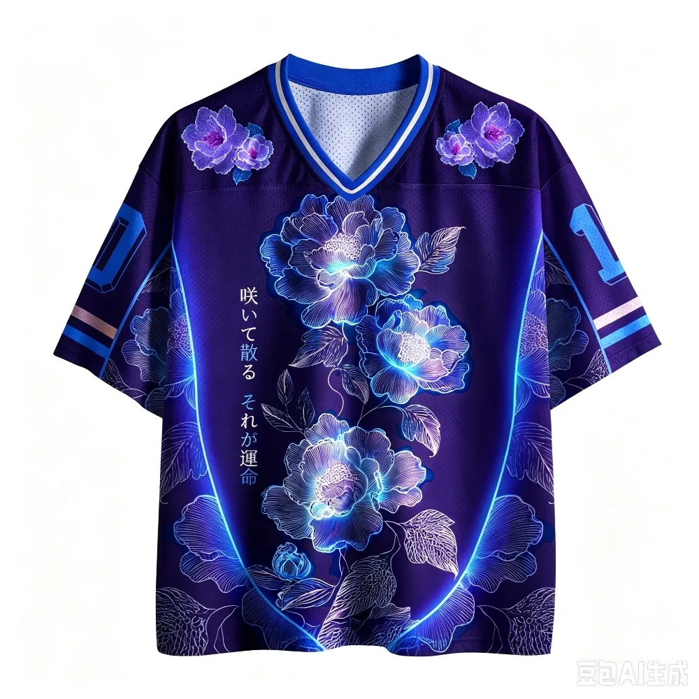 Retro Serene Blue Color Floral 3D Print  Breathable Sports Men Women Vneck Loose Tshirt Fashionable Street Y2K Parental Clothing