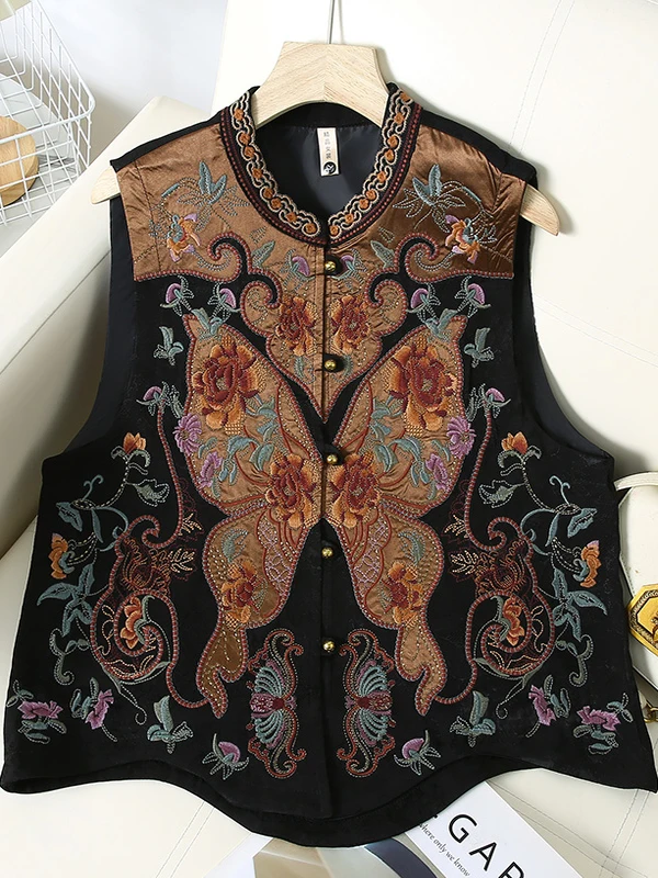 

Spring 2025 New Vintage Stand Collar Svel Embroidered Satin Floral Vests Women's Loose Fit Long Pants Commute Sle
