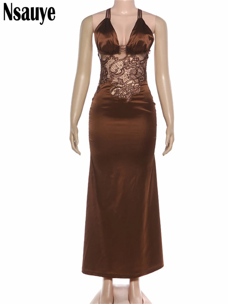 Nsauye Satin Patchwork Lace Sleeveless Wrap Long Dress Sexy Club 2025 New Backless Women Party Evening Maxi Dresses Vestidos