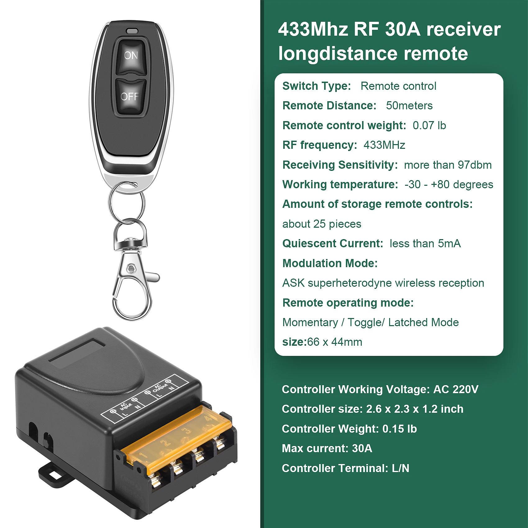 B76B 433MHz 1CH RF Remote Control Switch 30A Relay Wireless Transmitter Receiver 220V Water Pump ON/OFF