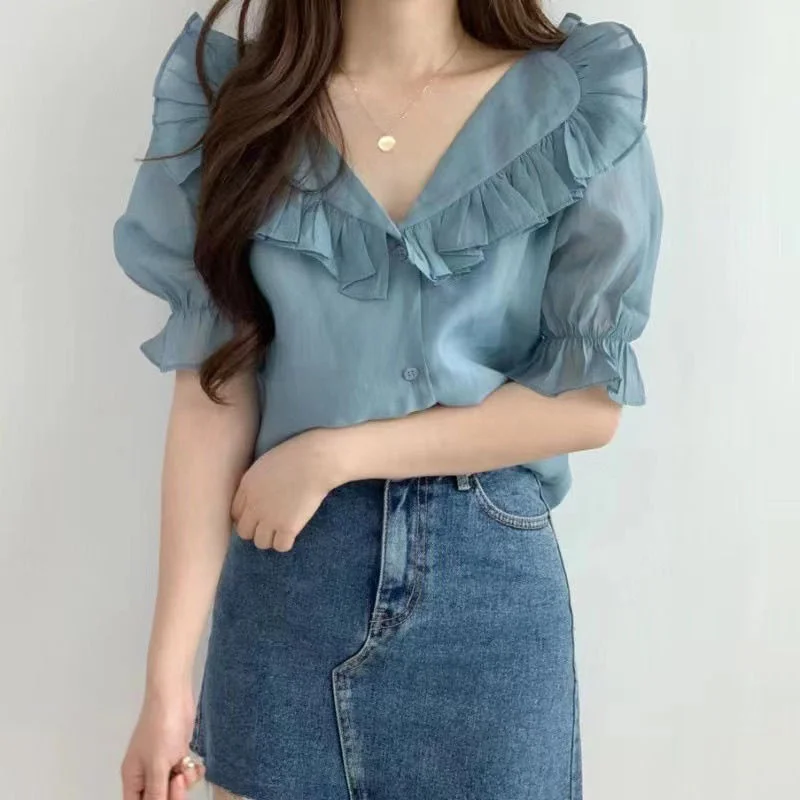 

Chic Summer New Sle Sweet Ele Bubble Sve Chiffon irt Stand Collar Lace Trim Agel Faionable Women's Blouse
