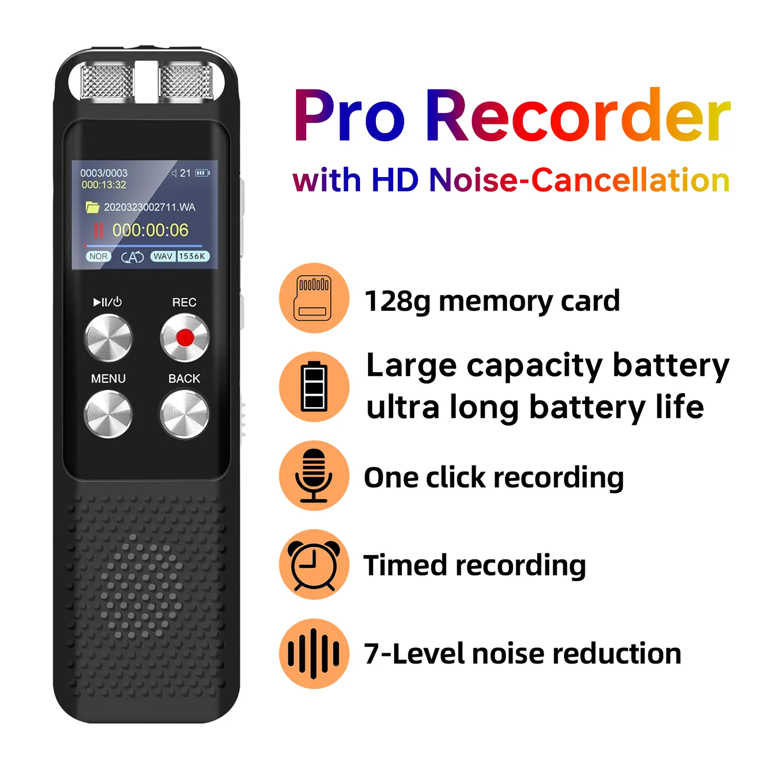 HISTARSHIP Capacité de stockage de 128 Go Enregistreur audio Lecteur de musique MP3 OTG Type-C Réduction du bruit Enregistrement Hi-Fi Idéal pour l'enregistrement en classe, en réunion et lors d'entretiens