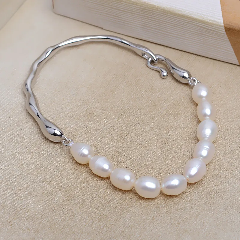 MeiBaPJ Real 925 Silver 7-8mm Natural Rice Pearl Simple Beads Bracelet for Women Fashion Charm Wedding Jewelry Empty Tray