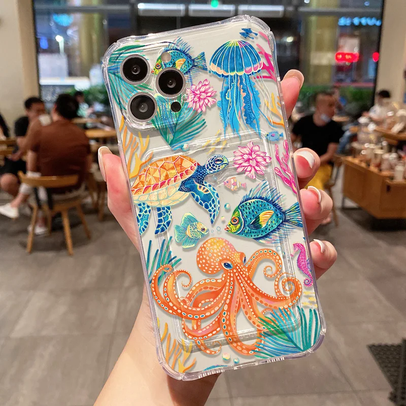 

Ocean Animal Card Holder Wallet Phone Case For iPhone 16 17 Pro Max Cover iPhone 15 14 Pro 16E 11 13 12 17 Pro 7 8 Plus XR XS SE