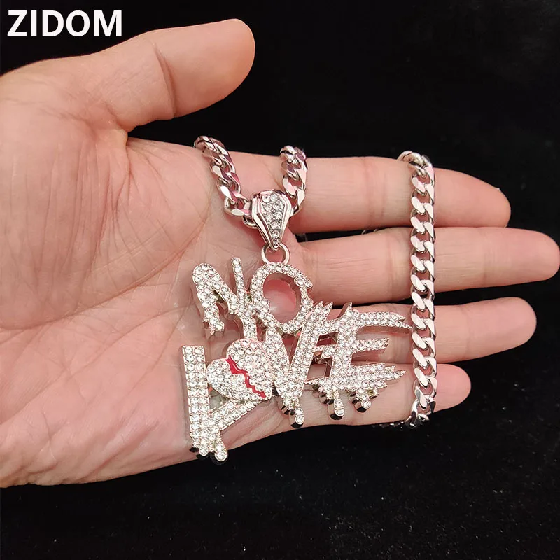 Men Hip Hop No Love Iced Out Bling Pendant Necklace With 7mm Width 316L Stainless Steel Chain Necklaces Hiphop Fashion Jewelry