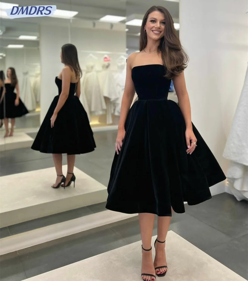 Elegante kurze Abendkleider aus schwarzem Samt, modernes trägerloses knielanges Kleid, formelles Partykleid, Abendkleid Robe De Mariée