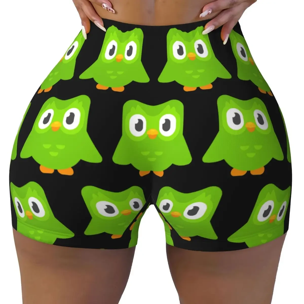 Custom Duolingo Owl Duo Yoga Shorts Women Gym Workout Running Athletic Volleyball Biker Shorts
