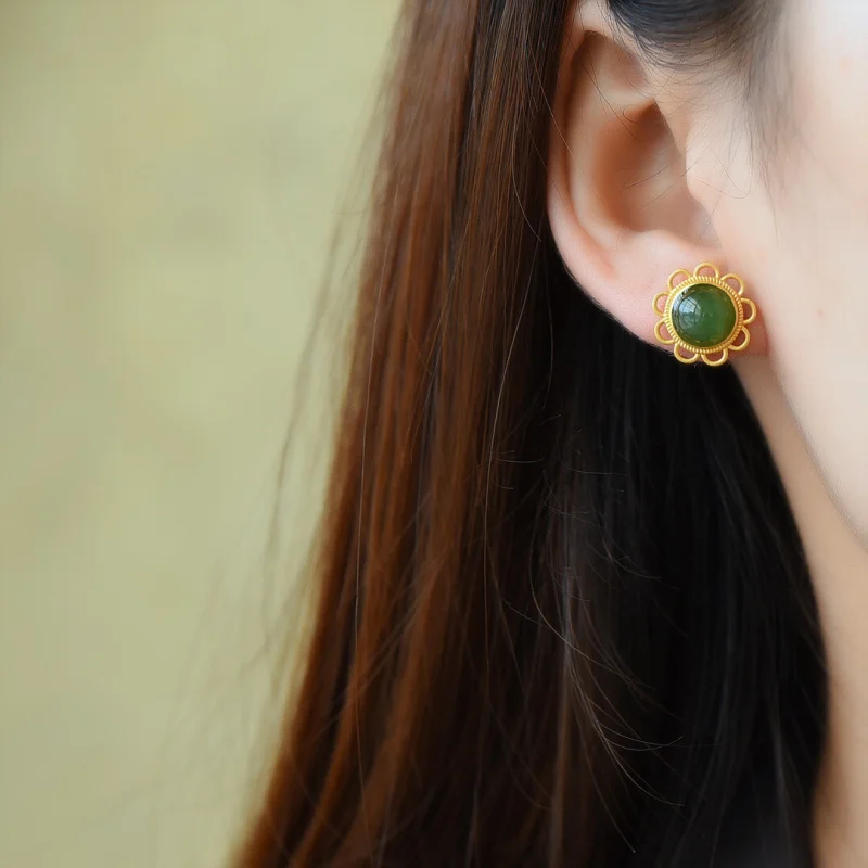 

Traditional Silver Inlaid Hetian Jade And Jasper Earrings