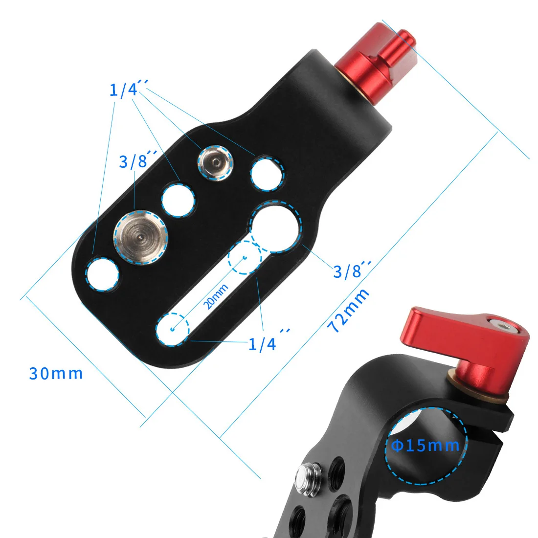 Einzel Rod Clamp 15mm Schiene Stecker Adapter Halterung mit 1/4 "-20 Gewinde Kalten Schuh Halterung für DSLR käfig Rig Mikrofon Licht Halter – Detail 19