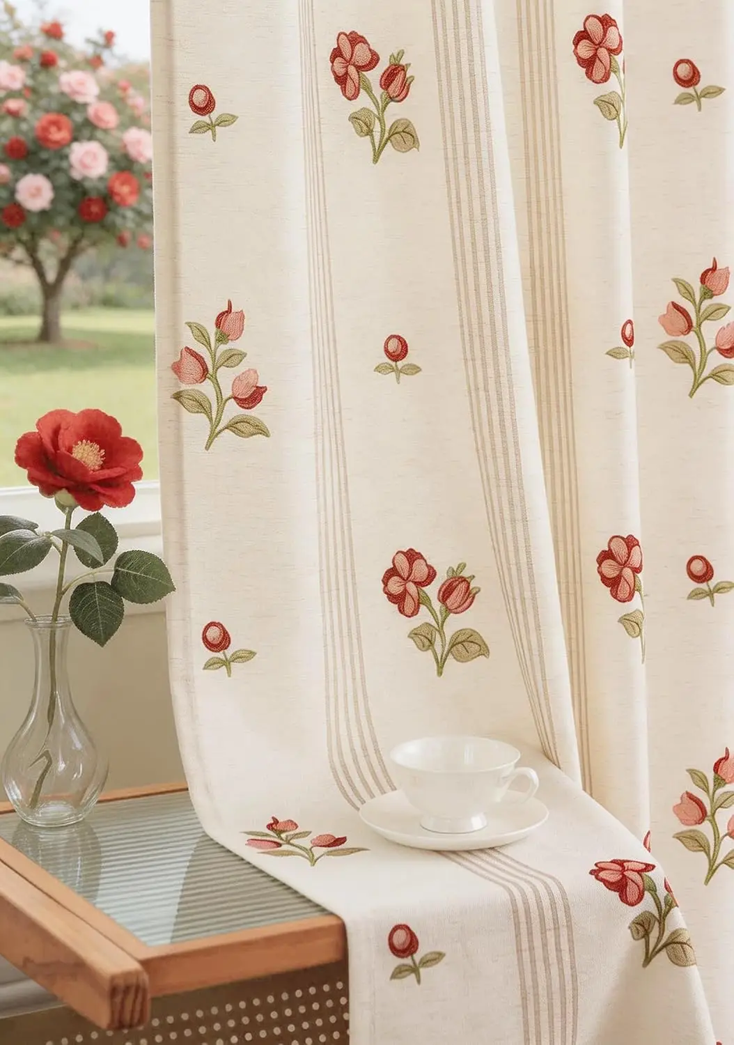 

Pinch Pleated Floral Linen Curtains 90 inch Length Light Filtering Farmhouse Drapes 2 Panels