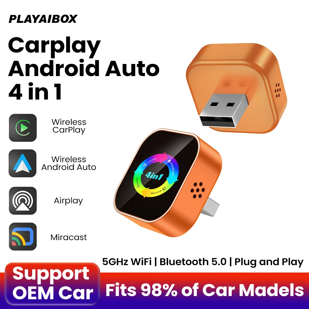 Adaptateur CarPlay sans fil 4-en-1, connexion Android Auto, AirPlay, Mirror Link, écran Plug and Play, Bluetooth pour Apple et Android