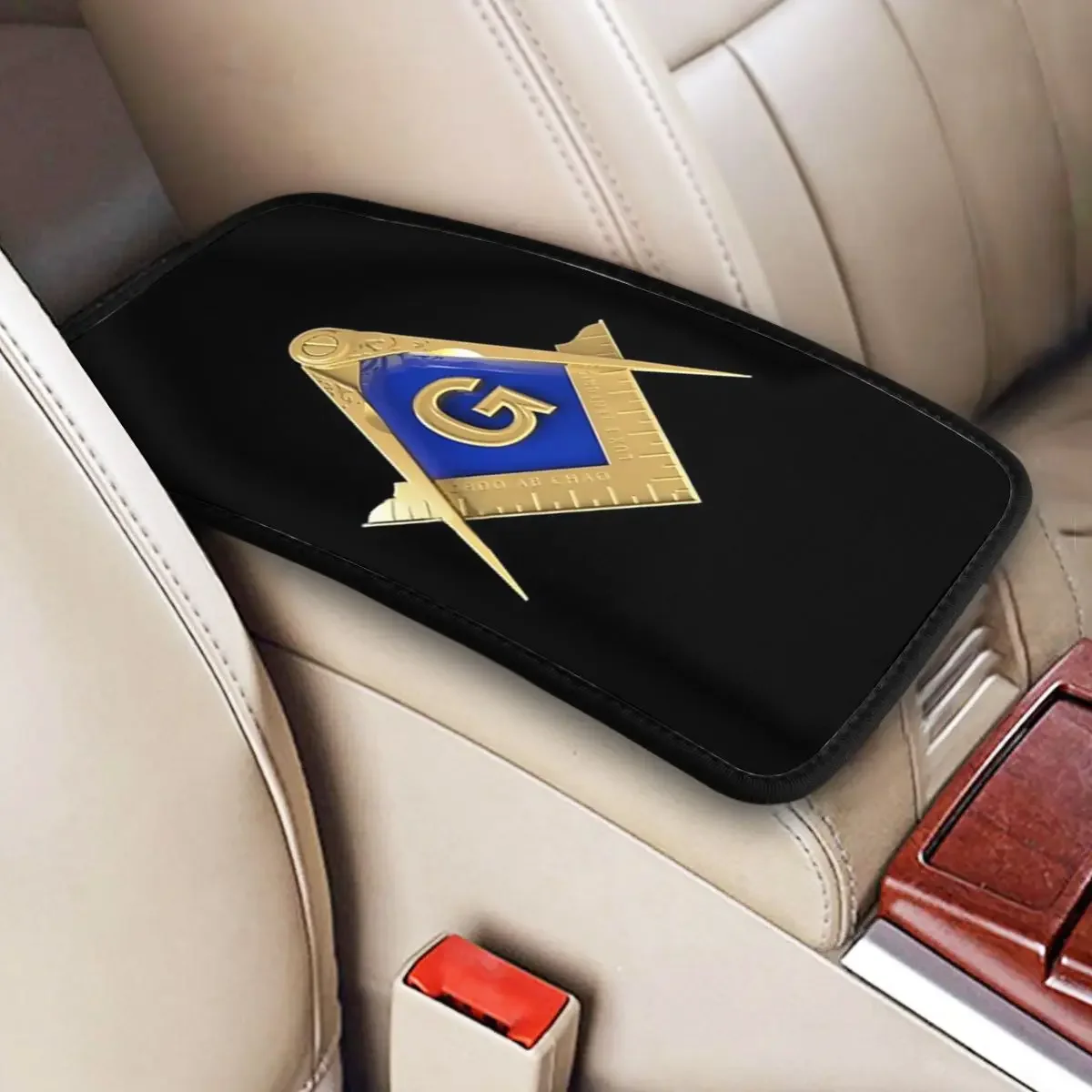 Center Console Cover Pad Car Interior Accessories Freemason Gold Square Masonic Car Armrest Cover Mat Mason Storage Box Pad