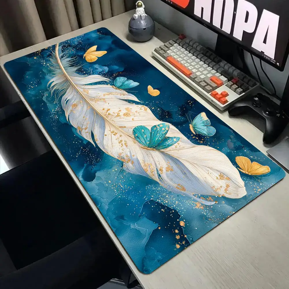 White feathers and butterflies Mouse Pad Desk Mat Stitched Edge XXL Mousepads Rubber Anti-slip Gamer Keyboard Rug Gaming Mats