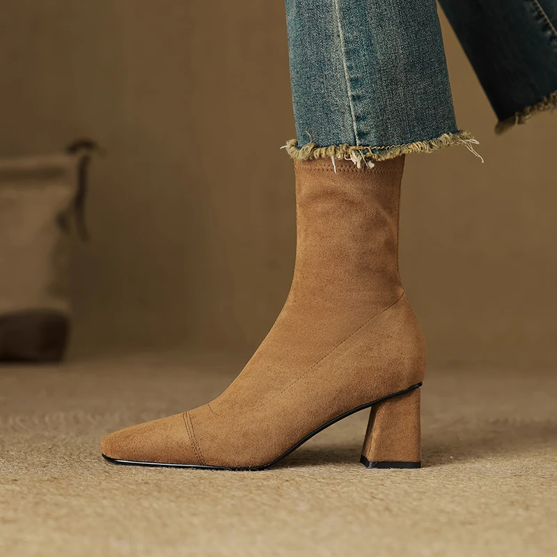 

Women's Suede Elastic Ankle Boots Square Toe High Block Flared Heel Side Zip Fashion Stretch Ladies Sock Booties Hot Sales 2024