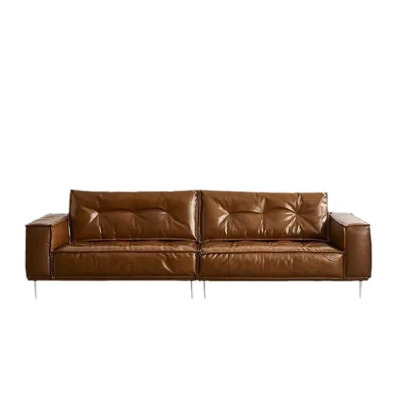 

Tofu block sofa French retro oil wax leather Italian minimalist straight row leather medium and ancient style flat layer sofa
