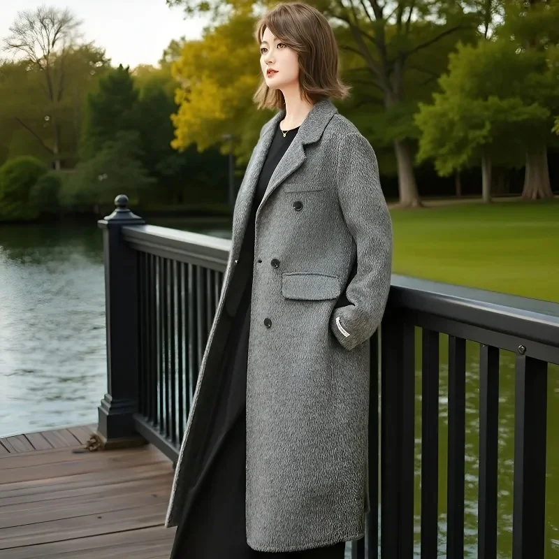 

Office Lady Woolen Jackets Autumn and Winter Suit Collar Double Breasted Loose Long Women's Wool Coats