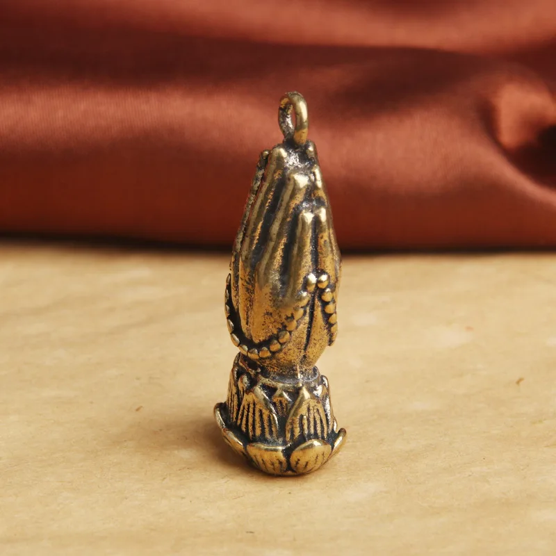 Vintage Brass Lotus Buddha Hand Creative Car Keychain Pendant Hand in Prayer Crafts Small