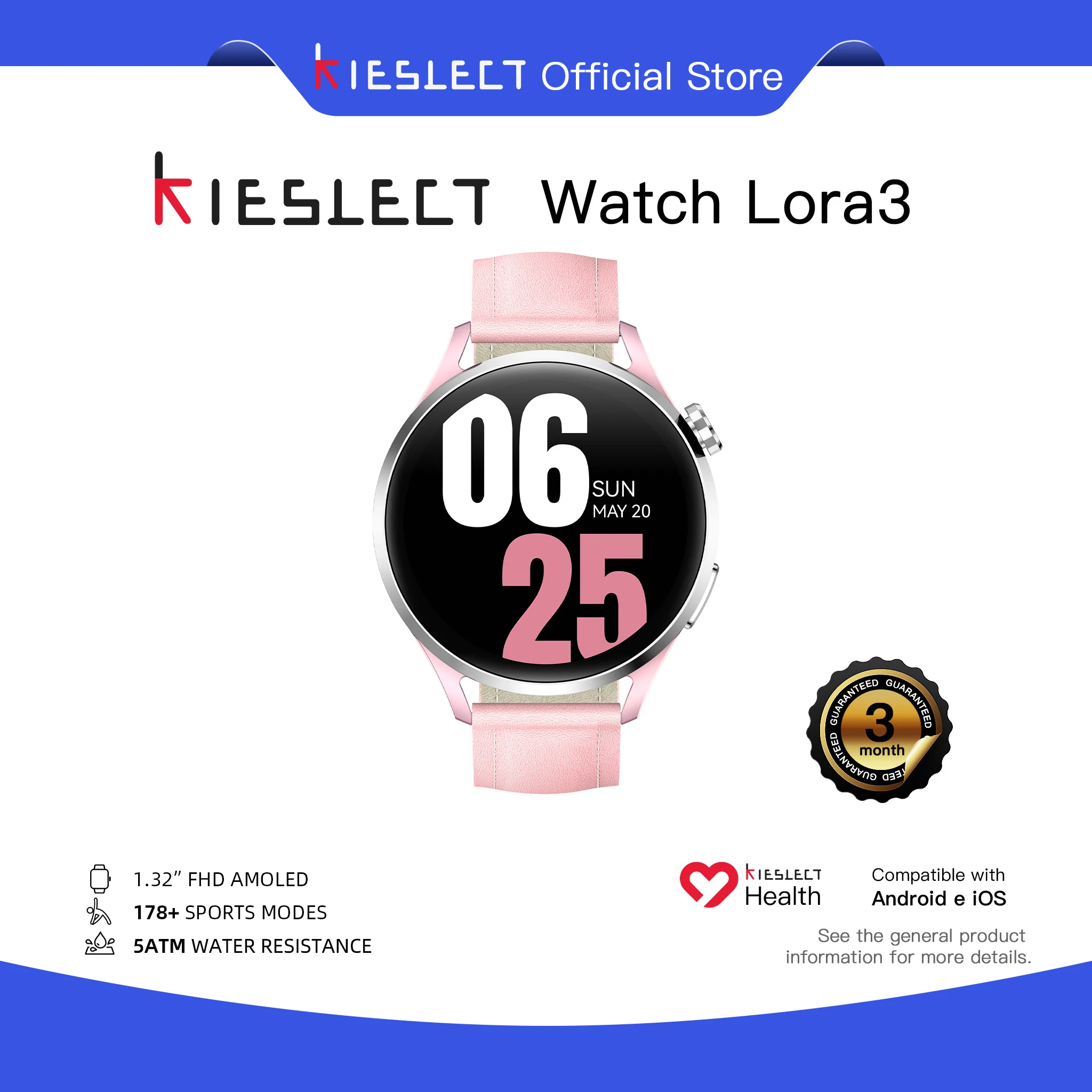 

Kieslect Lora 3 Smart Watch Bluetooth Calling 1.32" AMOLED Display 5ATM Waterproof Touchscreen Fitness Tracker Watch