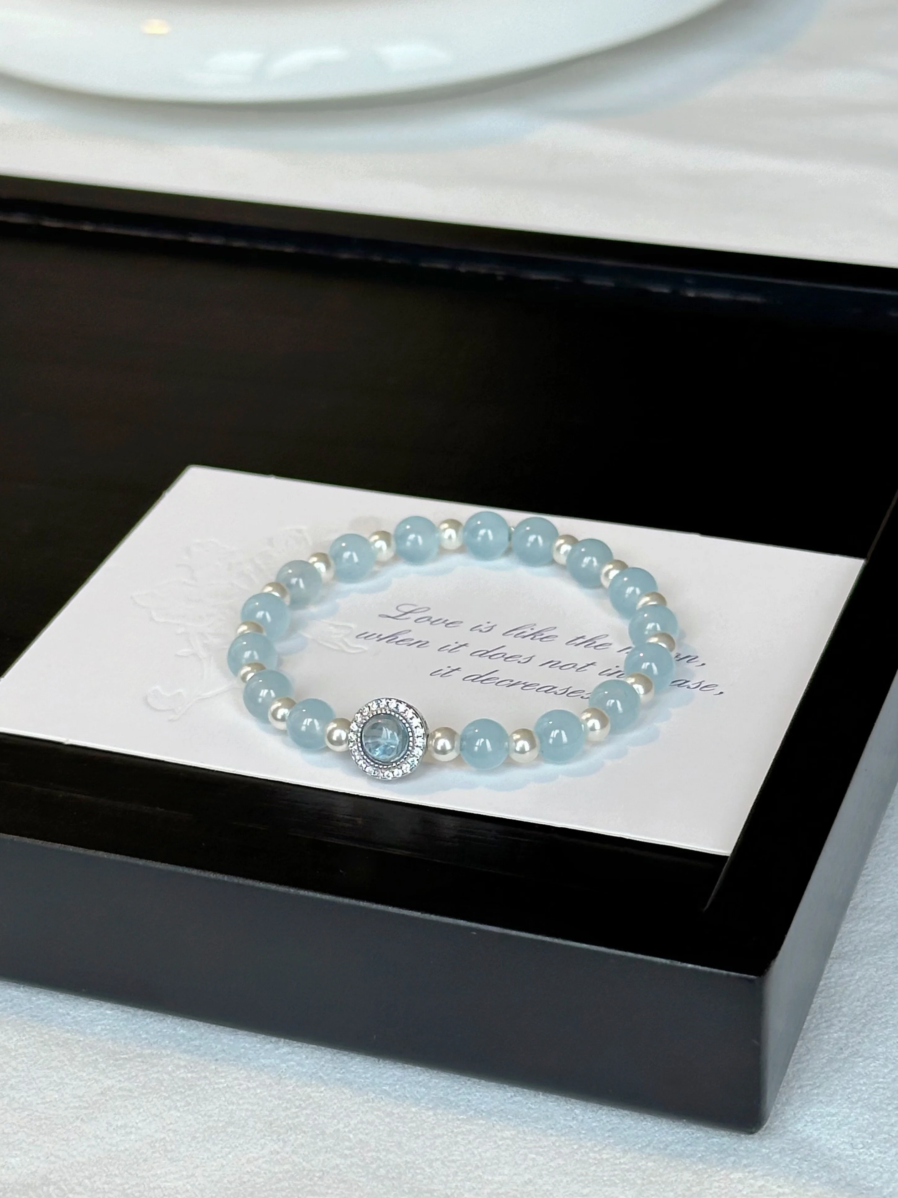 Natural Aquamarine Chalcedony Chilled Feeling Bracelet Elegant Luxurious Beaded Jewelry