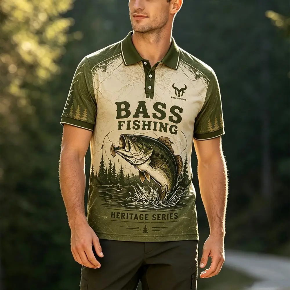 Vintage Bass Fishing Field Guide Polo Shirt Men's Largemouth Bass 3D Printed Outdoor Angling Top Quick Dry Casual Golf Shirt