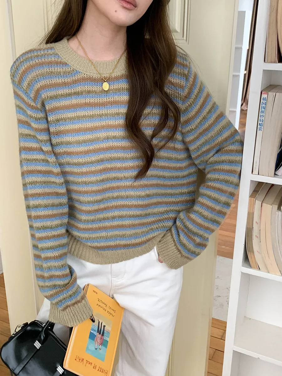 Knitted Sweater 2026 autumn/winter new women's mohair+wool retro color blocked striped round neck long sleeved