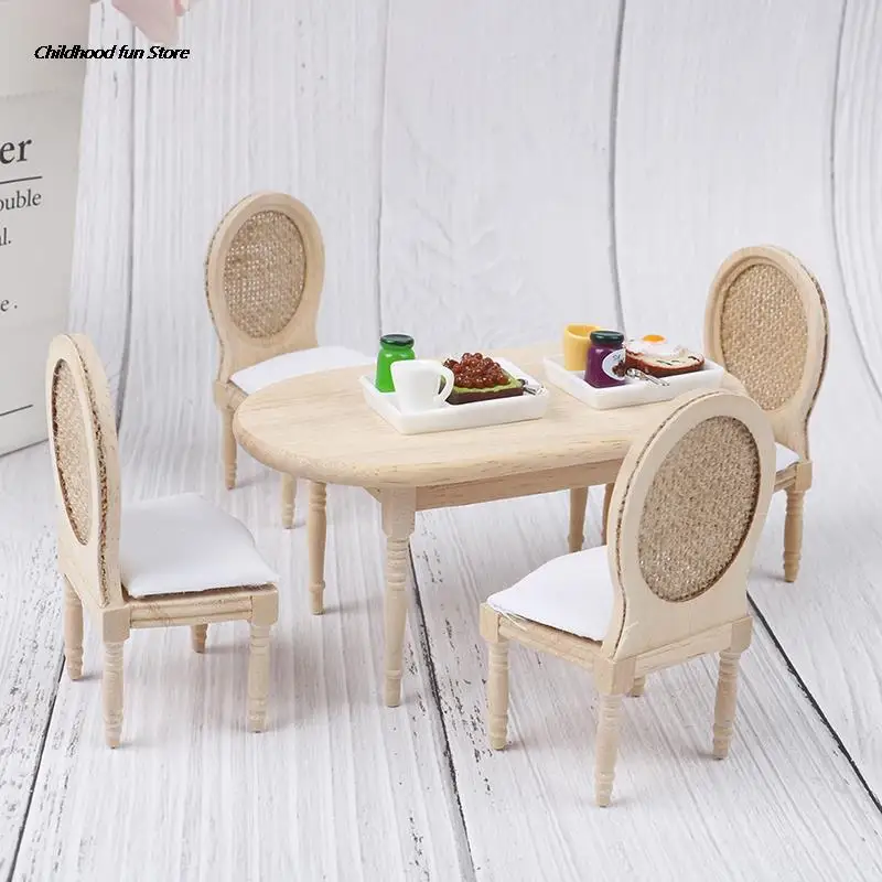 Juego de mesa de comedor de madera en miniatura para casa de muñecas, muebles de cocina, juguete, 1:12, 5 piezas por juego