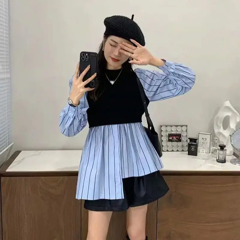 

Irregular Design Of The Shirt Fake Two-Piece Spring And Autumn Niche Long-Sleeved Style Tops Women'S Puff-Sleeved Shirts