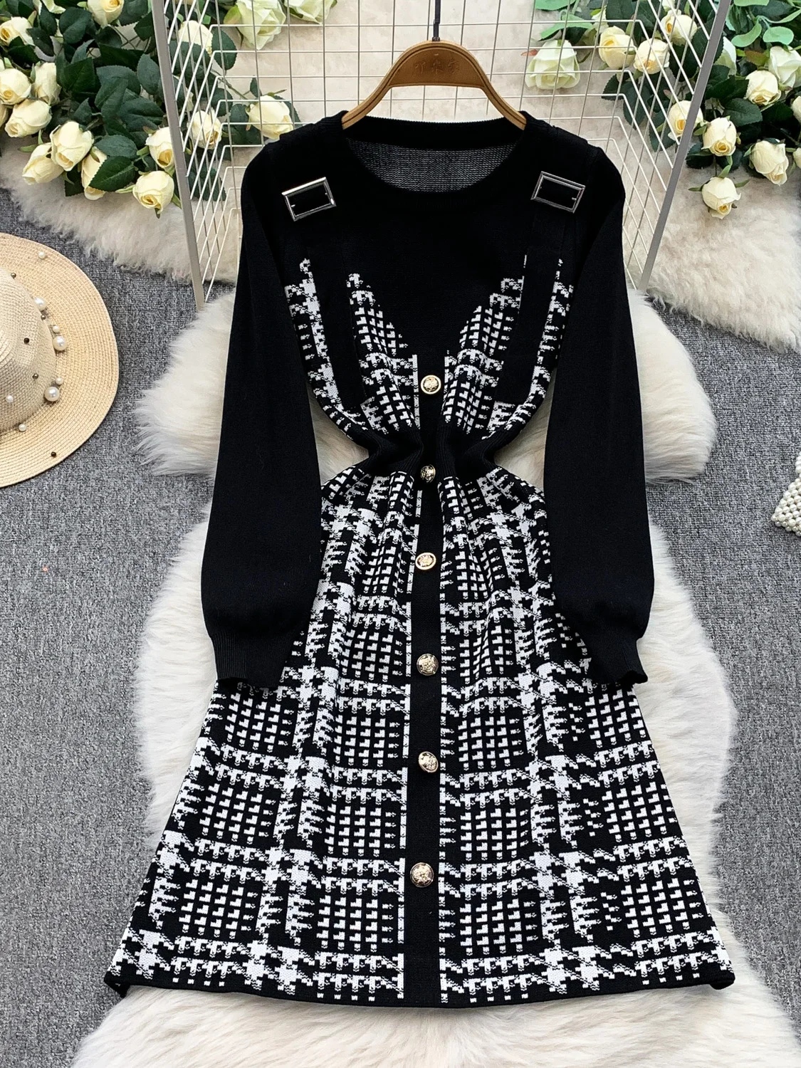 Koreanische Sle Gestrickte Midi Dr frauen Herbst Winter Button up Slim Fit Plaid Wrap Taille runde Ne Lange Sve Ci pendeln