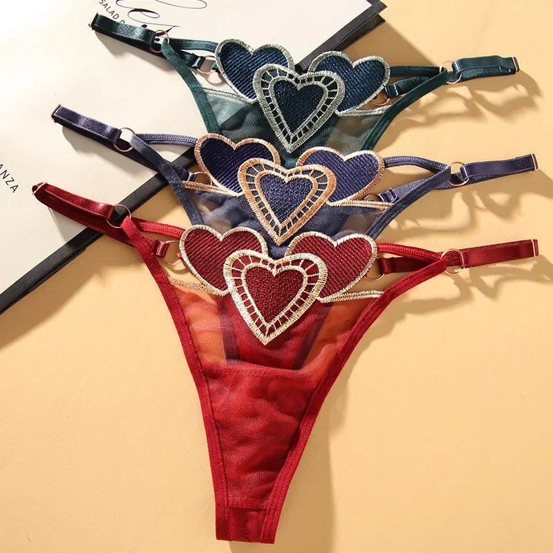 Ladies sexy thongs cute heart-shaped embroidery breathable adjustable waist slimming women's sexy underwear Valentine's Day gift