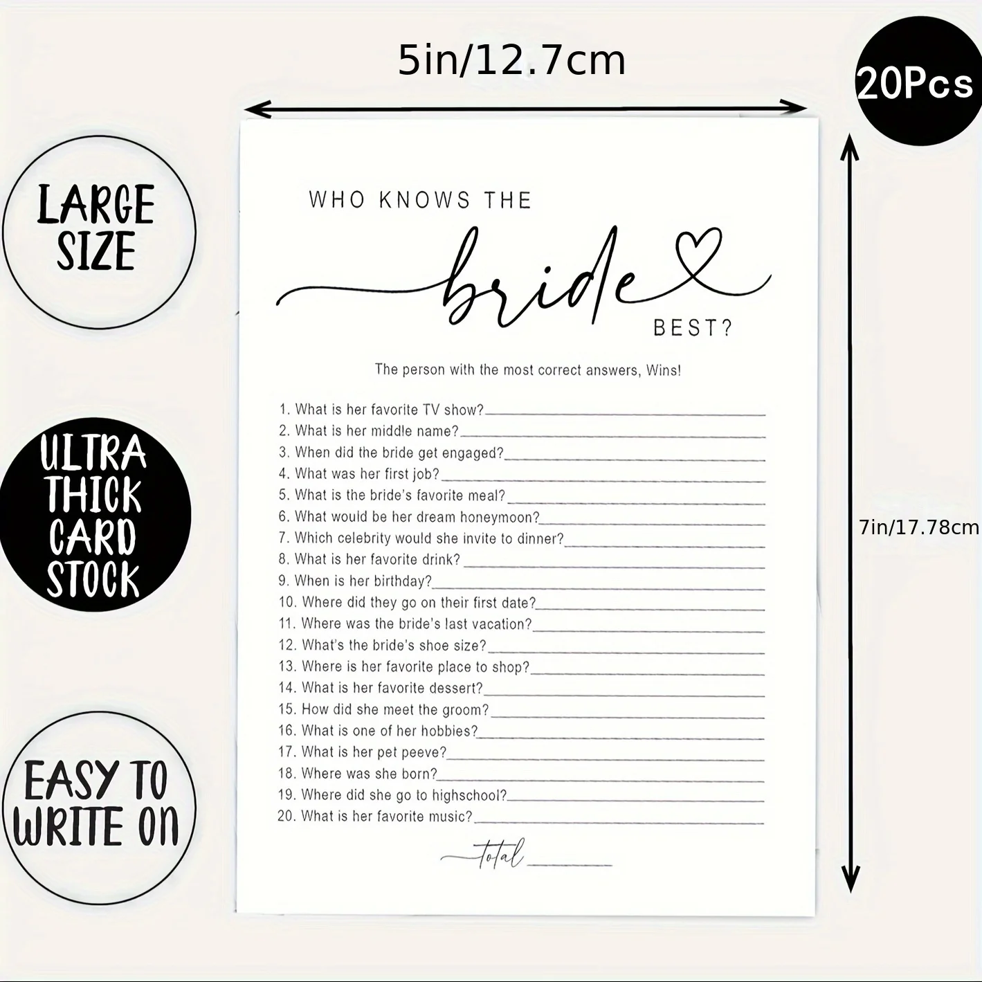 20pcs Bridal Shower Games Who Knows The Bride Best Cards, Fun Activities For Weddings, Bridal Showers And Bachelorette Parties