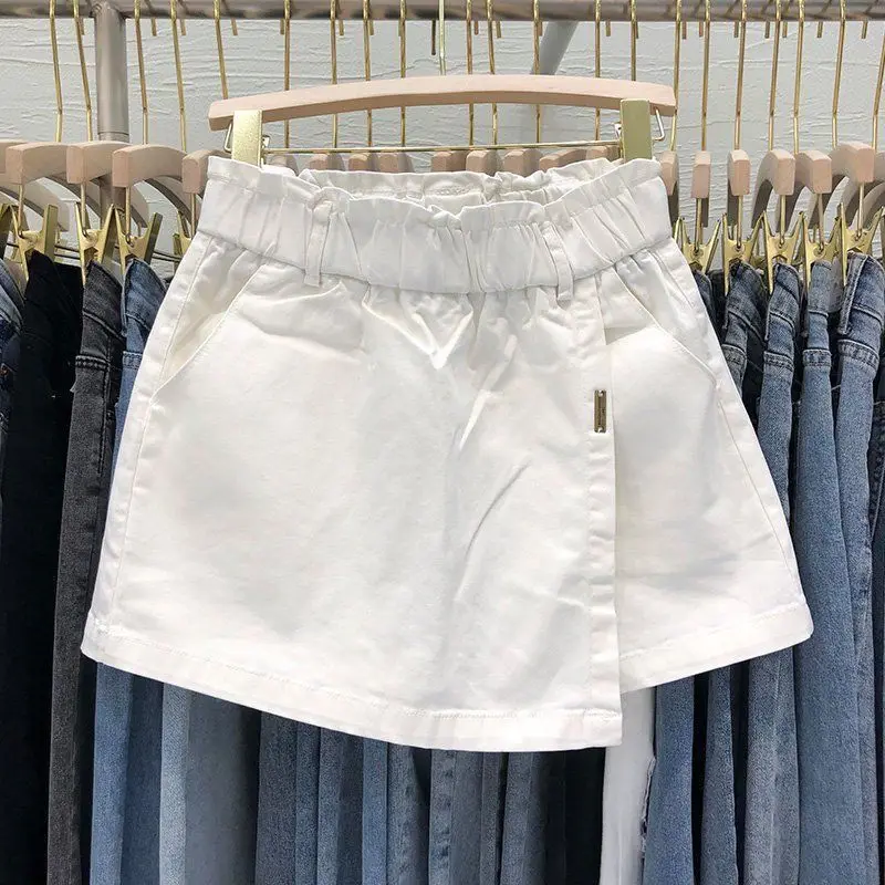 

Women Slim A-line Wrapped Buttocks A-half European Chubby Oversized New Versatile Elastic High Waisted Denim Short Skirt Pants