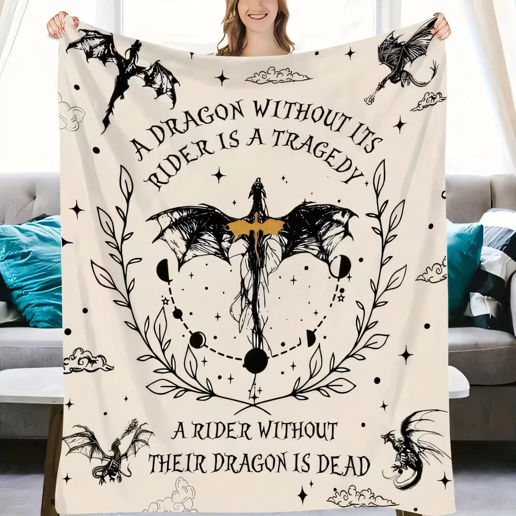 Fantasy-Drachen-Decke, gemütlicher weicher Überwurf mit himmlischem Design für die Wohnzimmerdekoration – mit inspirierenden Zitaten und farbenfrohen Elementen