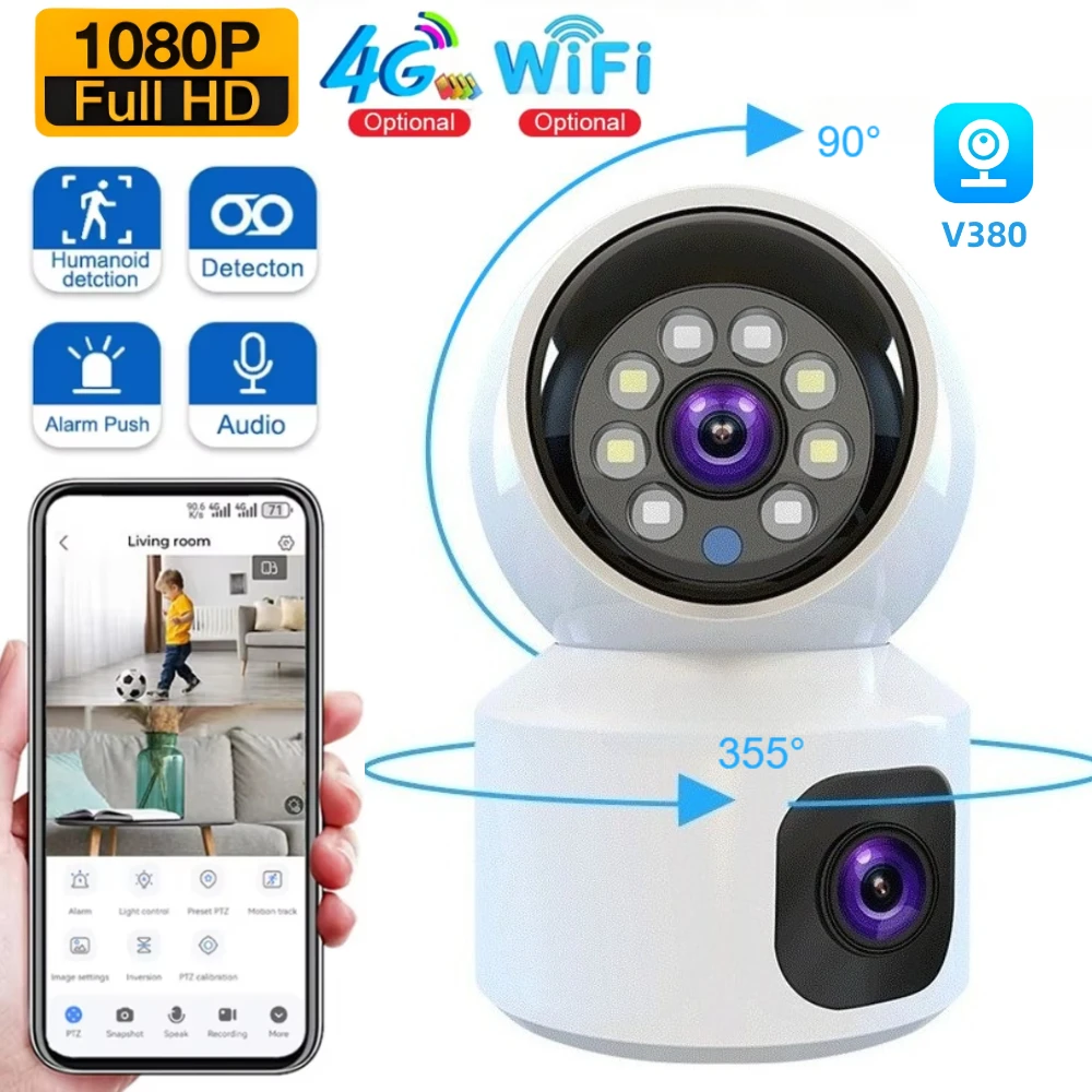 

4G SIM/Wi-Fi камера безопасности, 6 МП, двойной объектив, 360 PTZ, веб-камера с обнаружением движения, беспроводное видеонаблюдение, ночное видение, радионяня, камера V380 Pro