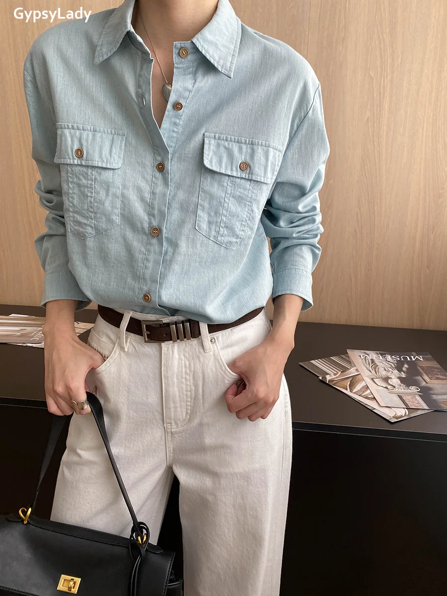French Chic Elegant Blouse Shirt  Women Blue Linen Spring Autumn Women Long Sleeve Pocket Casual Office Ladies Top Shirts New