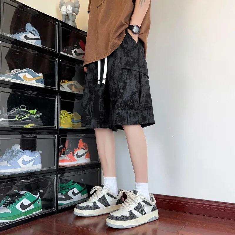 Men's Tie-dye Shorts Cargo Casual Distressed Trendy Knee length Pants Drawstring with Pocket Loose Outerwear Streetwear Shorts