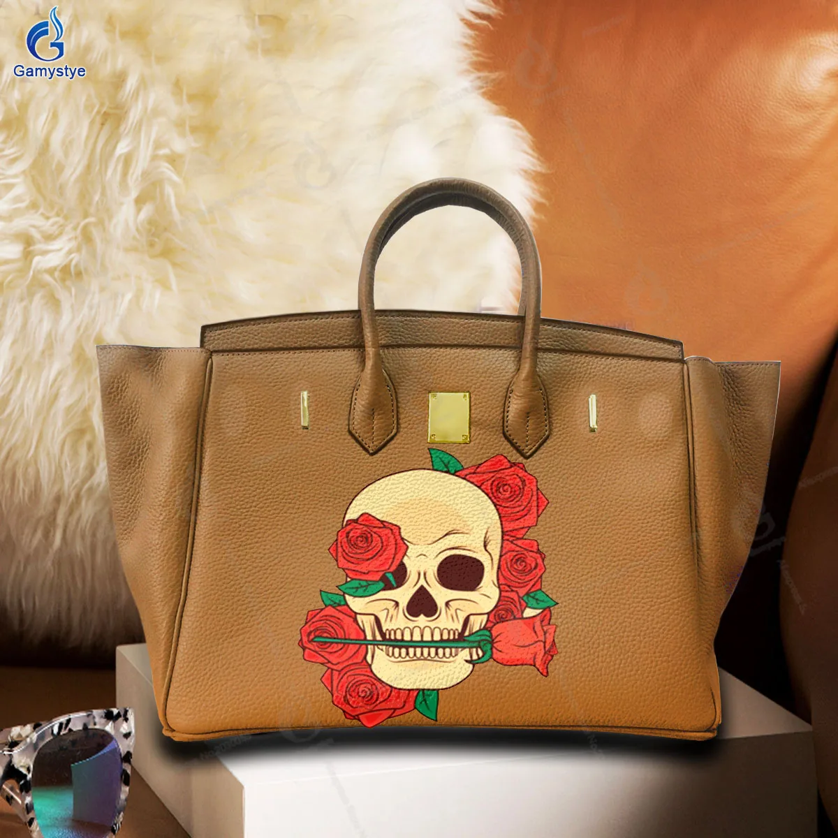 Art Print A skull with a rose in its mouth Customize Totes Genuine Leather Ladies Tote Handbags Messenger Shoulder Bag For women